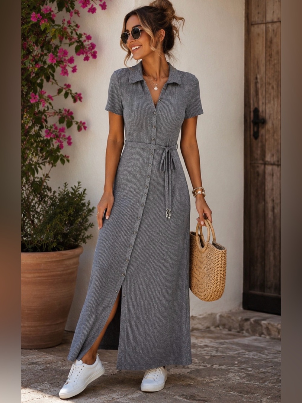 Lucky Brand Gray Ribbed, Short sleeve Maxi Dress
